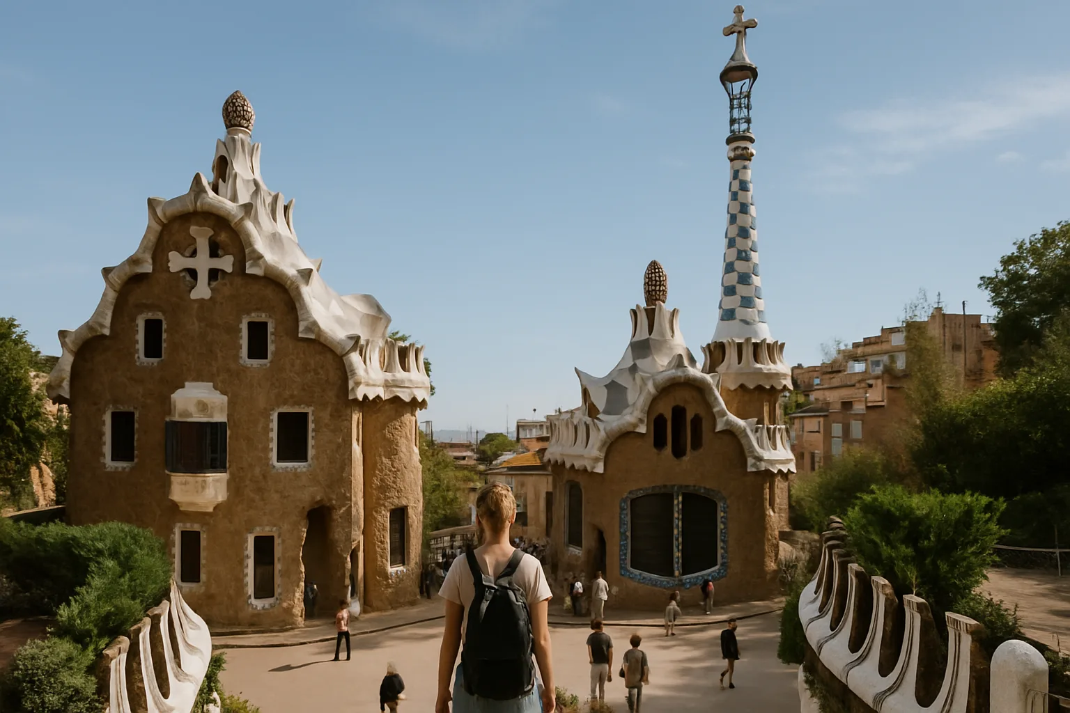 AI-generated image: Get Park Güell: the exterior of the attraction or venue in Barcelona, Spain, as a visitor approaches it