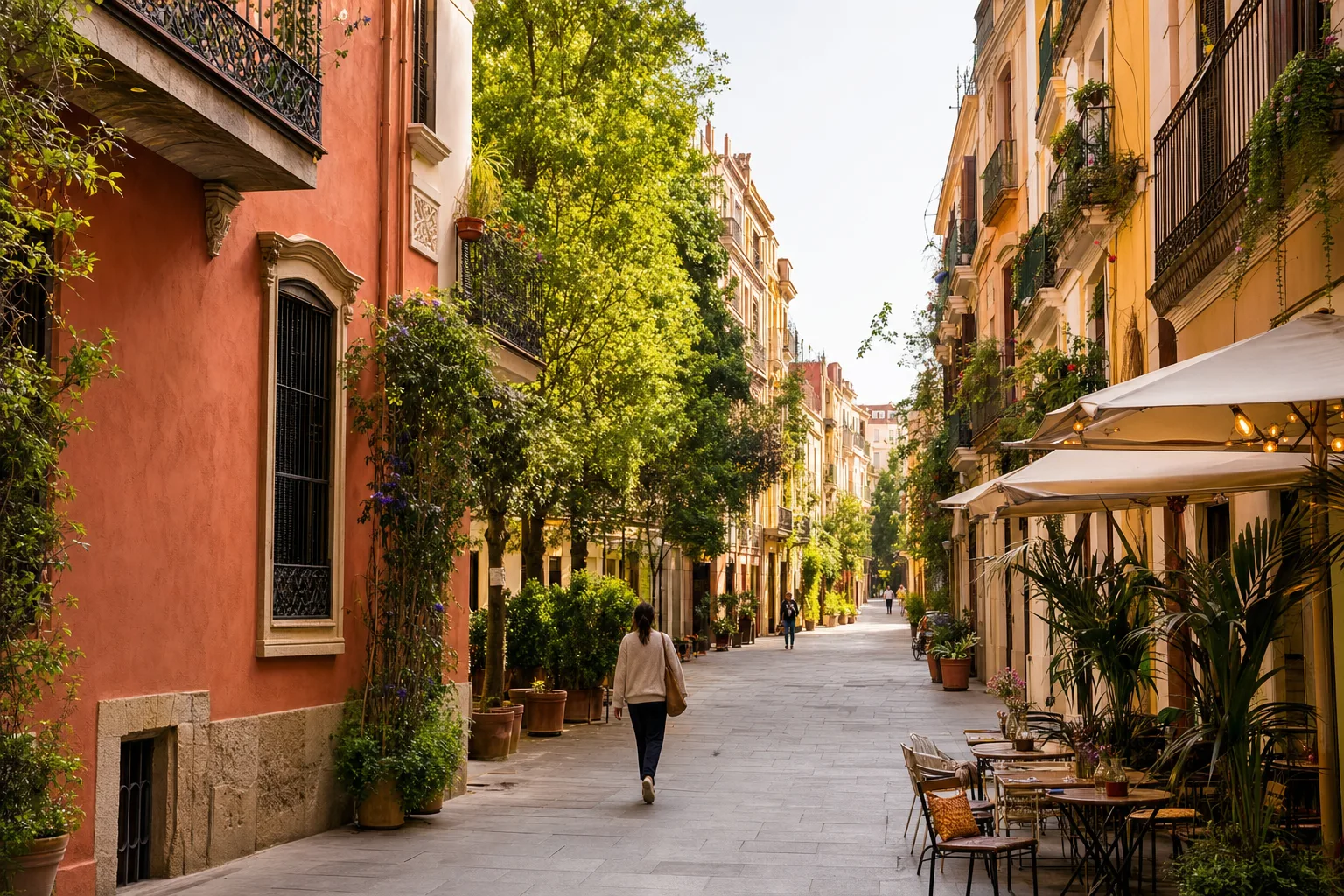 AI-generated image: Gràcia district, Barcelona: A sunlit narrow street in the Gràcia district, lined with charming, colorful buildings showcasing typical Catalan architecture. A few people stroll leis