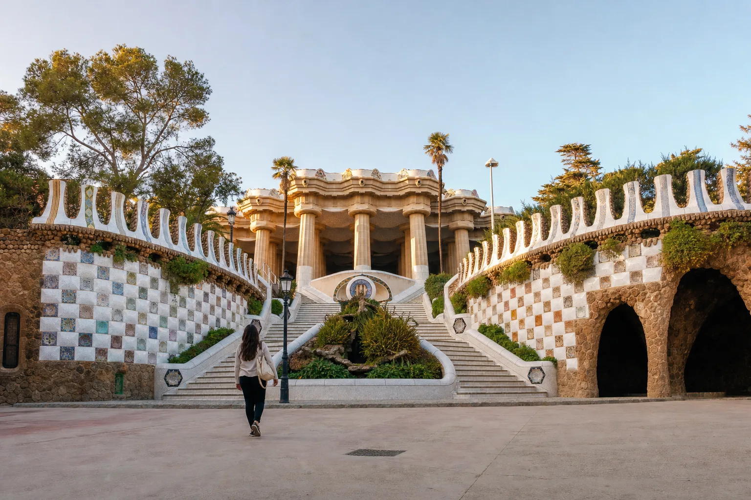 AI-generated image: Park Güell Itinerary: the exterior of the attraction or venue in Barcelona, Spain, as a visitor approaches it