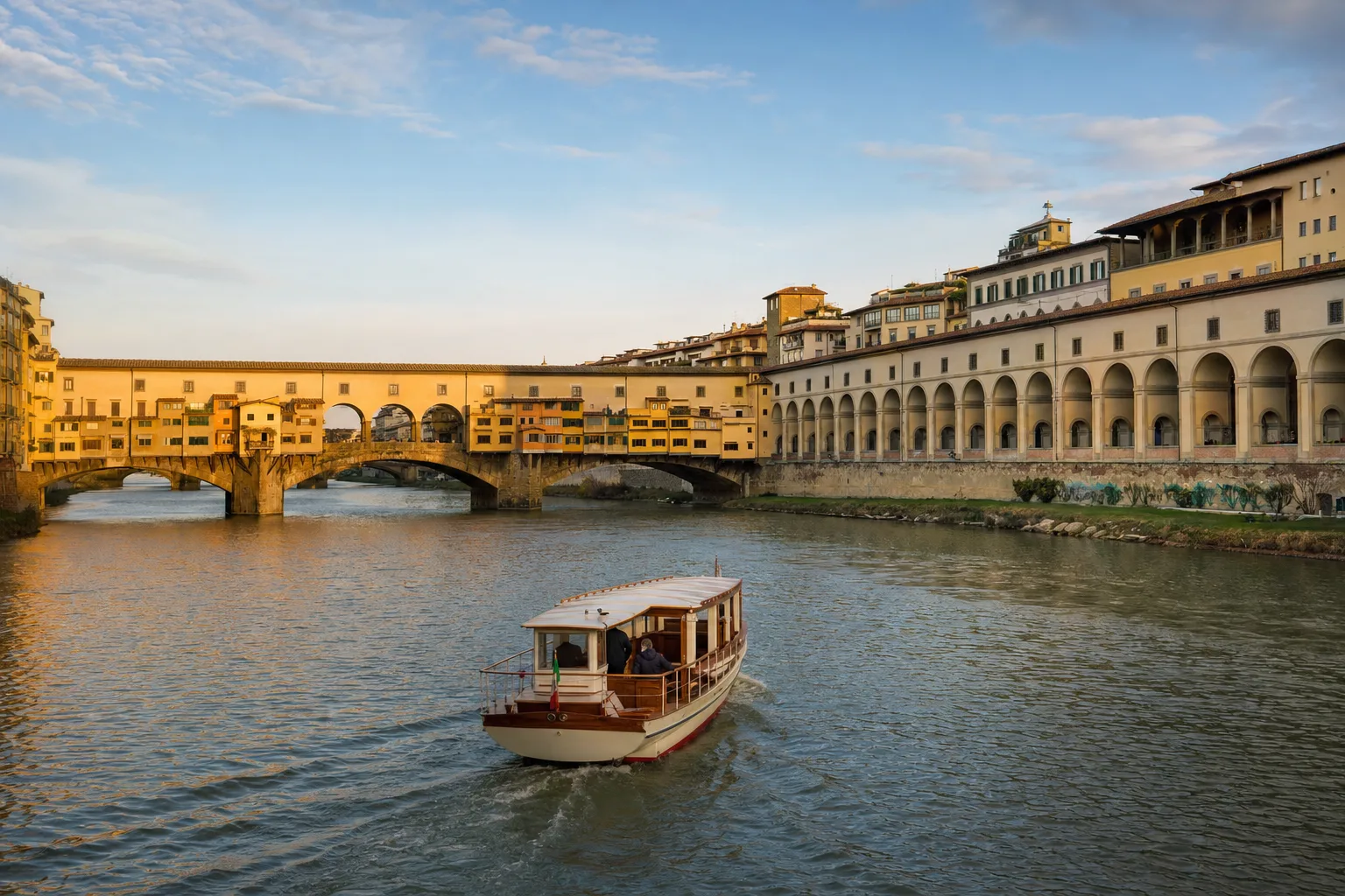 AI-generated image: Arno Boat Tour Options: a small sightseeing boat on the water in Florence, Italy, with the city's real waterfront behind it